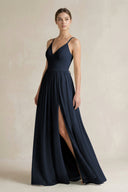 A-Line Spaghetti Strap Chiffon Bridesmaid Dress in Dark Navy - SHE IS ME BRIDESMAID DRESSES