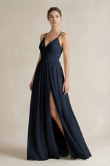 A-Line Spaghetti Strap Chiffon Bridesmaid Dress in Dark Navy - KISS BRIDAL BRIDESMAID DRESSES
