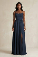 A-Line Spaghetti Straps Chiffon Bridesmaid Dress in Dark Navy - SHE IS ME BRIDESMAID DRESSES