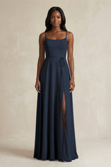 A-Line Spaghetti Straps Chiffon Bridesmaid Dress in Dark Navy - KISS BRIDAL BRIDESMAID DRESSES