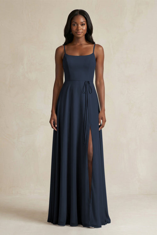 A-Line Spaghetti Straps Chiffon Bridesmaid Dress in Dark Navy - SHE IS ME BRIDESMAID DRESSES