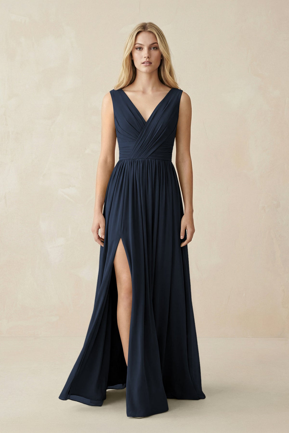 V-Neck Chiffon Pleated A-Line Bridesmaid Dress in Dark Navy - KISS BRIDAL BRIDESMAID DRESSES