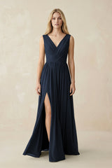 V-Neck Chiffon Pleated A-Line Bridesmaid Dress in Dark Navy - KISS BRIDAL BRIDESMAID DRESSES