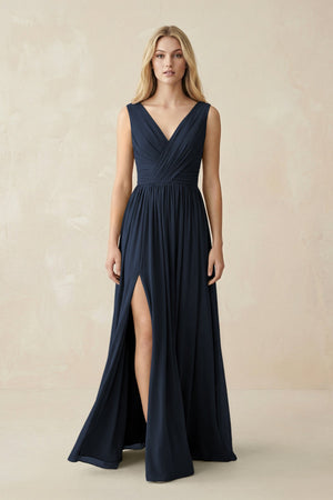 V-Neck Chiffon Pleated A-Line Bridesmaid Dress in Dark Navy - SHE IS ME BRIDESMAID DRESSES