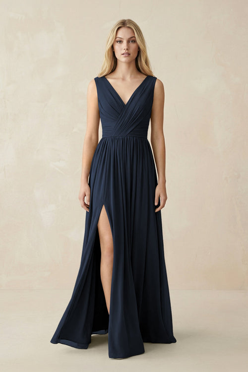 V-Neck Chiffon Pleated A-Line Bridesmaid Dress in Dark Navy - SHE IS ME BRIDESMAID DRESSES