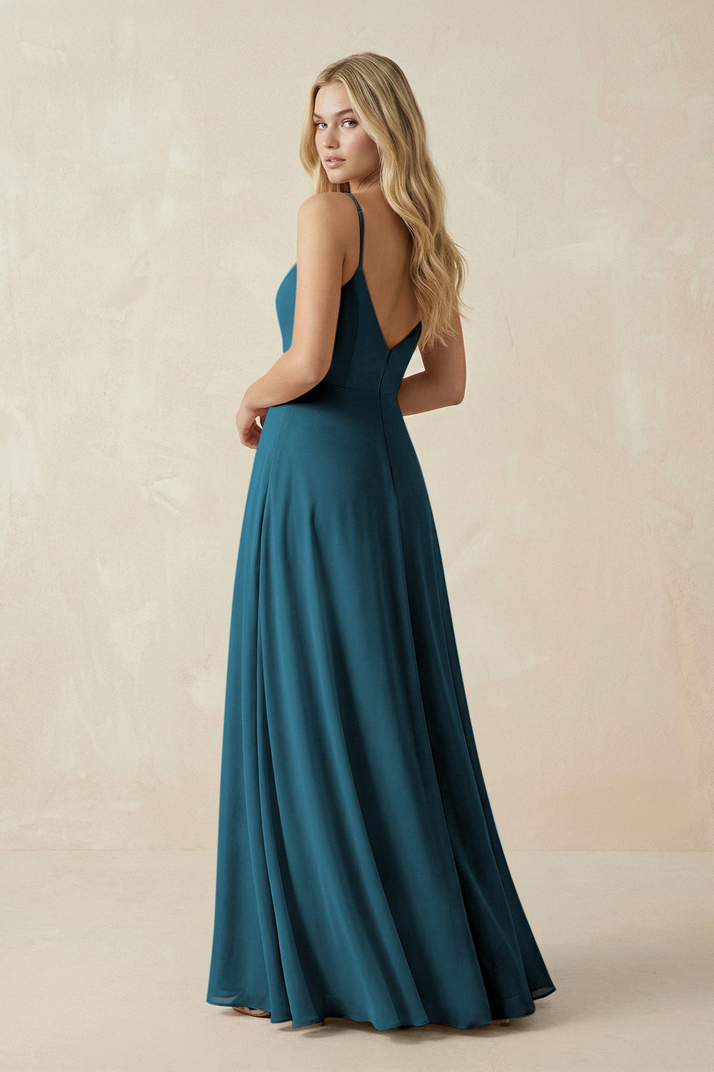 Cami Strap A-Line Chiffon Bridesmaid Dress with Slit in Dark Teal - KISS BRIDAL BRIDESMAID DRESSES