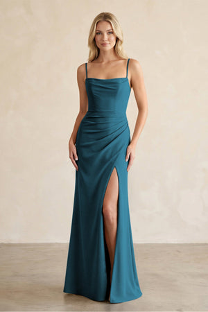 Cami Strap Chiffon Sheath Bridesmaid Dress with Slit in Dark Teal - SHE IS ME BRIDESMAID DRESSES