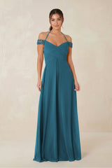 A-Line Off-the-Shoulder Chiffon Bridesmaid Dress in Dark Teal - KISS BRIDAL BRIDESMAID DRESSES
