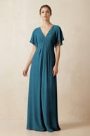 Short Sleeve V-Neck Chiffon A-Line Bridesmaid Dress in Dark Teal - SHE IS ME BRIDESMAID DRESSES