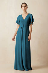 Short Sleeve V-Neck Chiffon A-Line Bridesmaid Dress in Dark Teal - KISS BRIDAL BRIDESMAID DRESSES