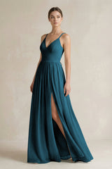 A-Line Spaghetti Strap Chiffon Bridesmaid Dress in Dark Teal - KISS BRIDAL BRIDESMAID DRESSES