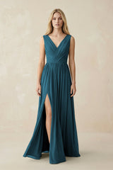 V-Neck Chiffon Pleated A-Line Bridesmaid Dress in Dark Teal - KISS BRIDAL BRIDESMAID DRESSES