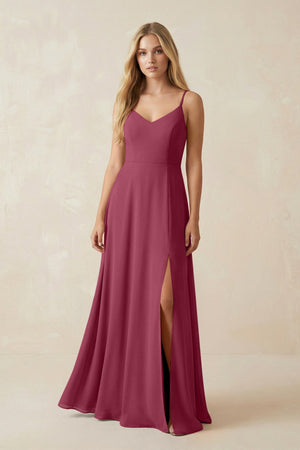 Cami Strap A-Line Chiffon Bridesmaid Dress with Slit in Desert Rose - SHE IS ME BRIDESMAID DRESSES