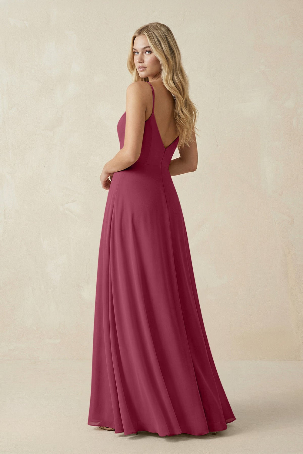 Cami Strap A-Line Chiffon Bridesmaid Dress with Slit in Desert Rose - KISS BRIDAL BRIDESMAID DRESSES