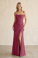 Cami Strap Chiffon Sheath Bridesmaid Dress with Slit in Desert Rose - SHE IS ME BRIDESMAID DRESSES