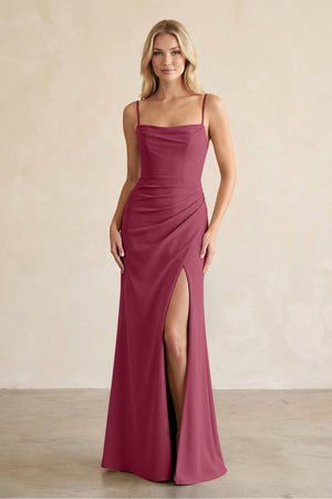 Cami Strap Chiffon Sheath Bridesmaid Dress with Slit in Desert Rose - SHE IS ME BRIDESMAID DRESSES
