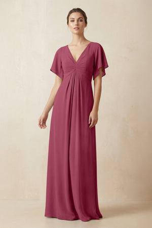Short Sleeve V-Neck Chiffon A-Line Bridesmaid Dress in Desert Rose - SHE IS ME BRIDESMAID DRESSES
