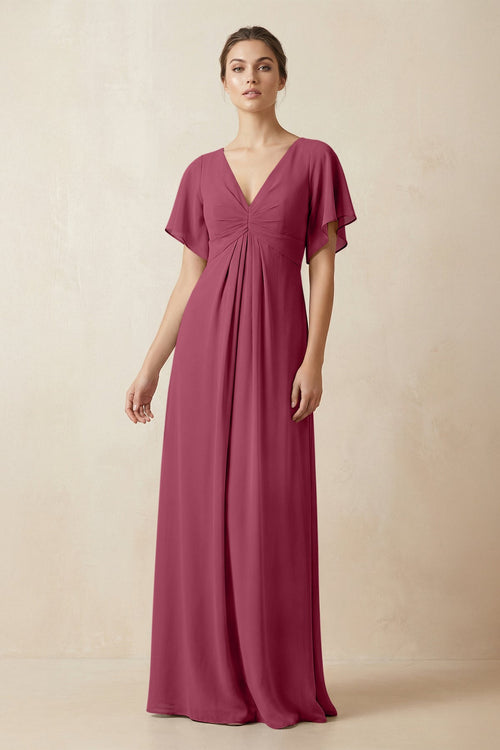 Short Sleeve V-Neck Chiffon A-Line Bridesmaid Dress in Desert Rose - SHE IS ME BRIDESMAID DRESSES