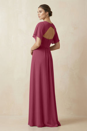 Short Sleeve V-Neck Chiffon A-Line Bridesmaid Dress in Desert Rose - SHE IS ME BRIDESMAID DRESSES