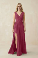V-Neck Chiffon Pleated A-Line Bridesmaid Dress in Desert Rose - SHE IS ME BRIDESMAID DRESSES