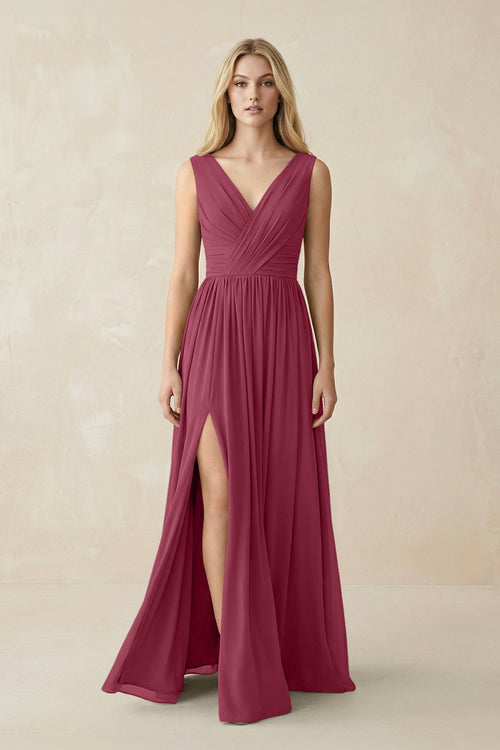 V-Neck Chiffon Pleated A-Line Bridesmaid Dress in Desert Rose - SHE IS ME BRIDESMAID DRESSES