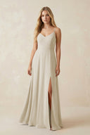 Cami Strap A-Line Chiffon Bridesmaid Dress with Slit in Dove Gray - SHE IS ME BRIDESMAID DRESSES