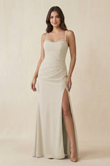 Cami Strap Sheath Chiffon Bridesmaid Dress with Slit in Dove Gray