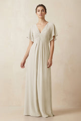 Short Sleeve V-Neck Chiffon A-Line Bridesmaid Dress in Dove Gray - KISS BRIDAL BRIDESMAID DRESSES