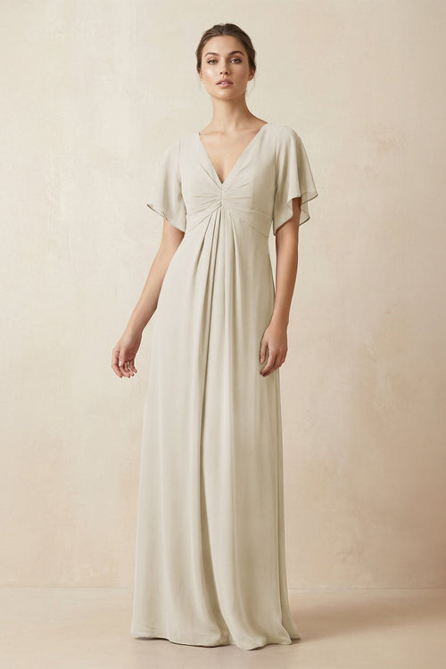 Short Sleeve V-Neck Chiffon A-Line Bridesmaid Dress in Dove Gray - SHE IS ME BRIDESMAID DRESSES