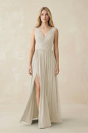 V-Neck Chiffon Pleated A-Line Bridesmaid Dress in Dove Gray - SHE IS ME BRIDESMAID DRESSES