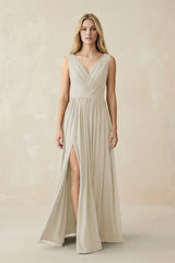 V-Neck Chiffon Pleated A-Line Bridesmaid Dress in Dove Gray - KISS BRIDAL BRIDESMAID DRESSES