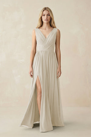 V-Neck Chiffon Pleated A-Line Bridesmaid Dress in Dove Gray - SHE IS ME BRIDESMAID DRESSES