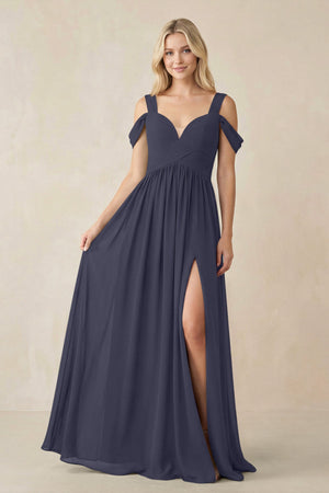 Chiffon A-Line Bridesmaid Dress with Slit  in Dusk Blue - SHE IS ME BRIDESMAID DRESSES