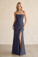 Cami Strap Chiffon Sheath Bridesmaid Dress with Slit in Dusk Blue - SHE IS ME BRIDESMAID DRESSES