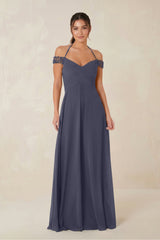 A-Line Off-the-Shoulder Chiffon Bridesmaid Dress in Dusk Blue - KISS BRIDAL BRIDESMAID DRESSES