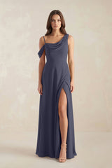 One-Shoulder Chiffon A-Line Bridesmaid Dress in Dusk Blue - KISS BRIDAL BRIDESMAID DRESSES