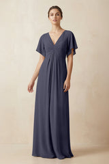 Short Sleeve V-Neck Chiffon A-Line Bridesmaid Dress in Dusk Blue - KISS BRIDAL BRIDESMAID DRESSES