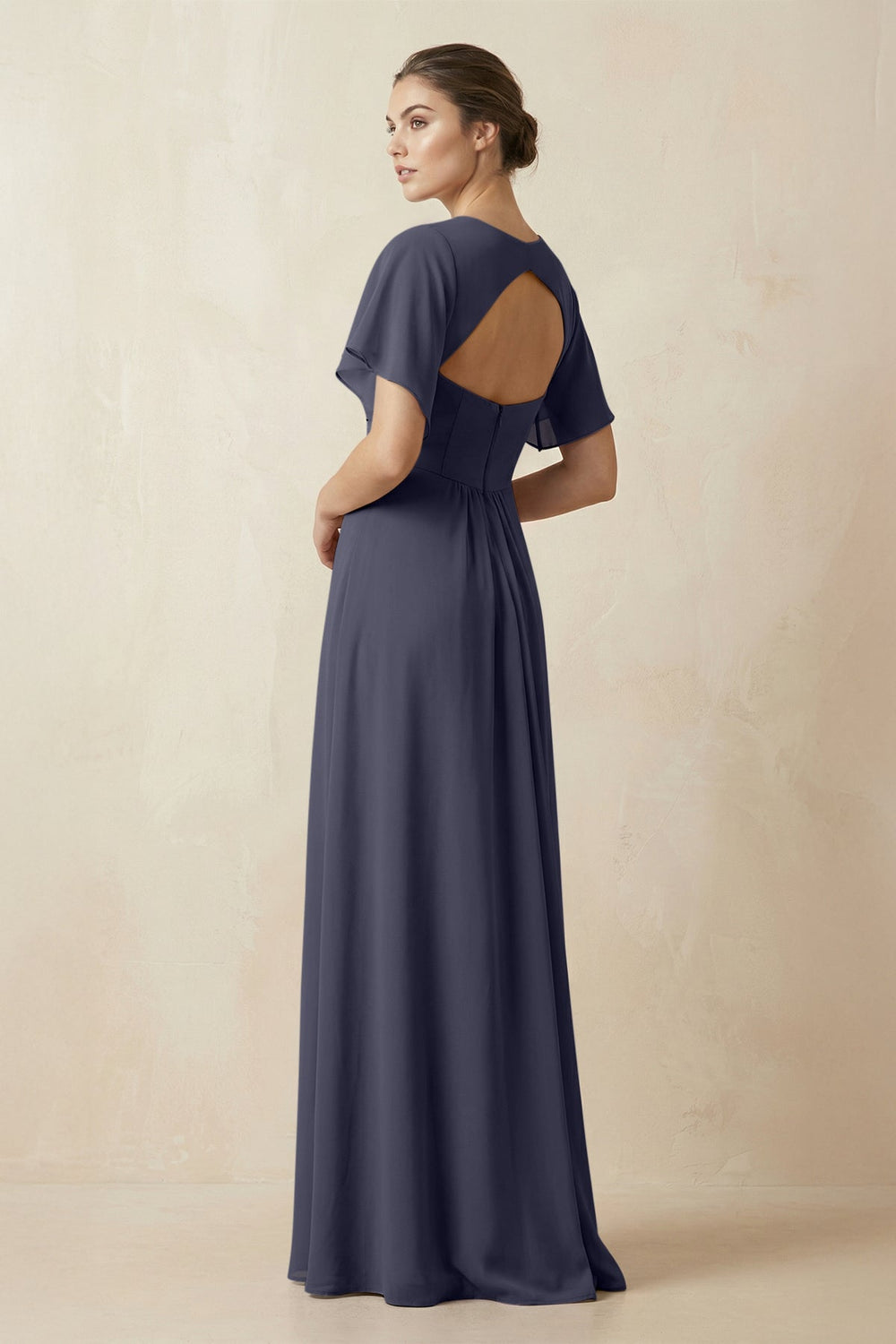 Short Sleeve V-Neck Chiffon A-Line Bridesmaid Dress in Dusk Blue - KISS BRIDAL BRIDESMAID DRESSES