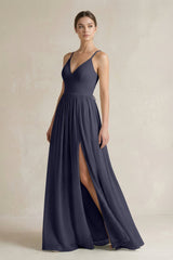 A-Line Spaghetti Strap Chiffon Bridesmaid Dress in Dusk Blue - KISS BRIDAL BRIDESMAID DRESSES