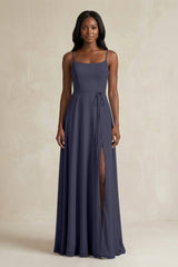 A-Line Spaghetti Straps Chiffon Bridesmaid Dress in Dusk Blue - KISS BRIDAL BRIDESMAID DRESSES