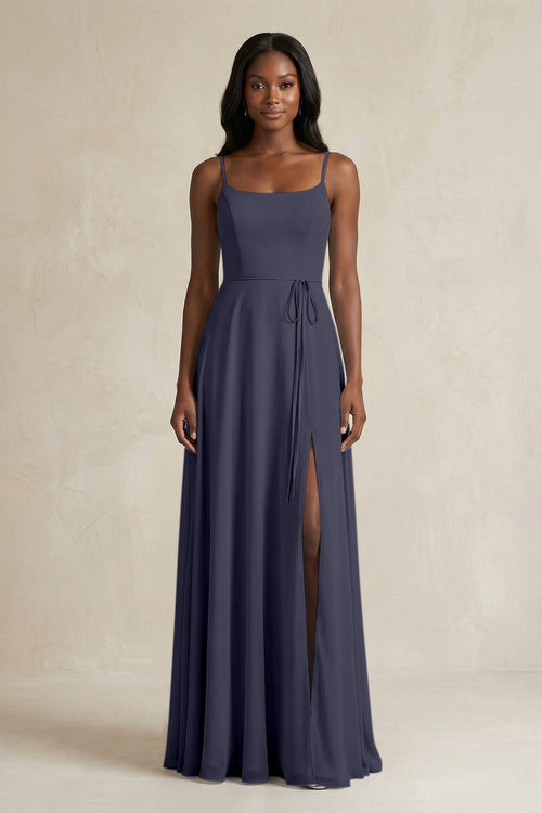 A-Line Spaghetti Straps Chiffon Bridesmaid Dress in Dusk Blue - SHE IS ME BRIDESMAID DRESSES
