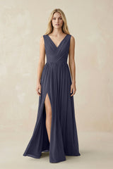 V-Neck Chiffon Pleated A-Line Bridesmaid Dress in Dusk Blue - KISS BRIDAL BRIDESMAID DRESSES
