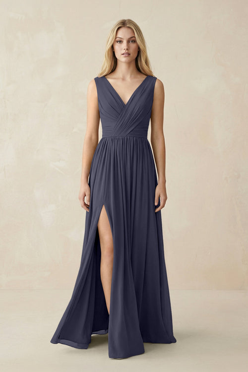 V-Neck Chiffon Pleated A-Line Bridesmaid Dress in Dusk Blue - SHE IS ME BRIDESMAID DRESSES