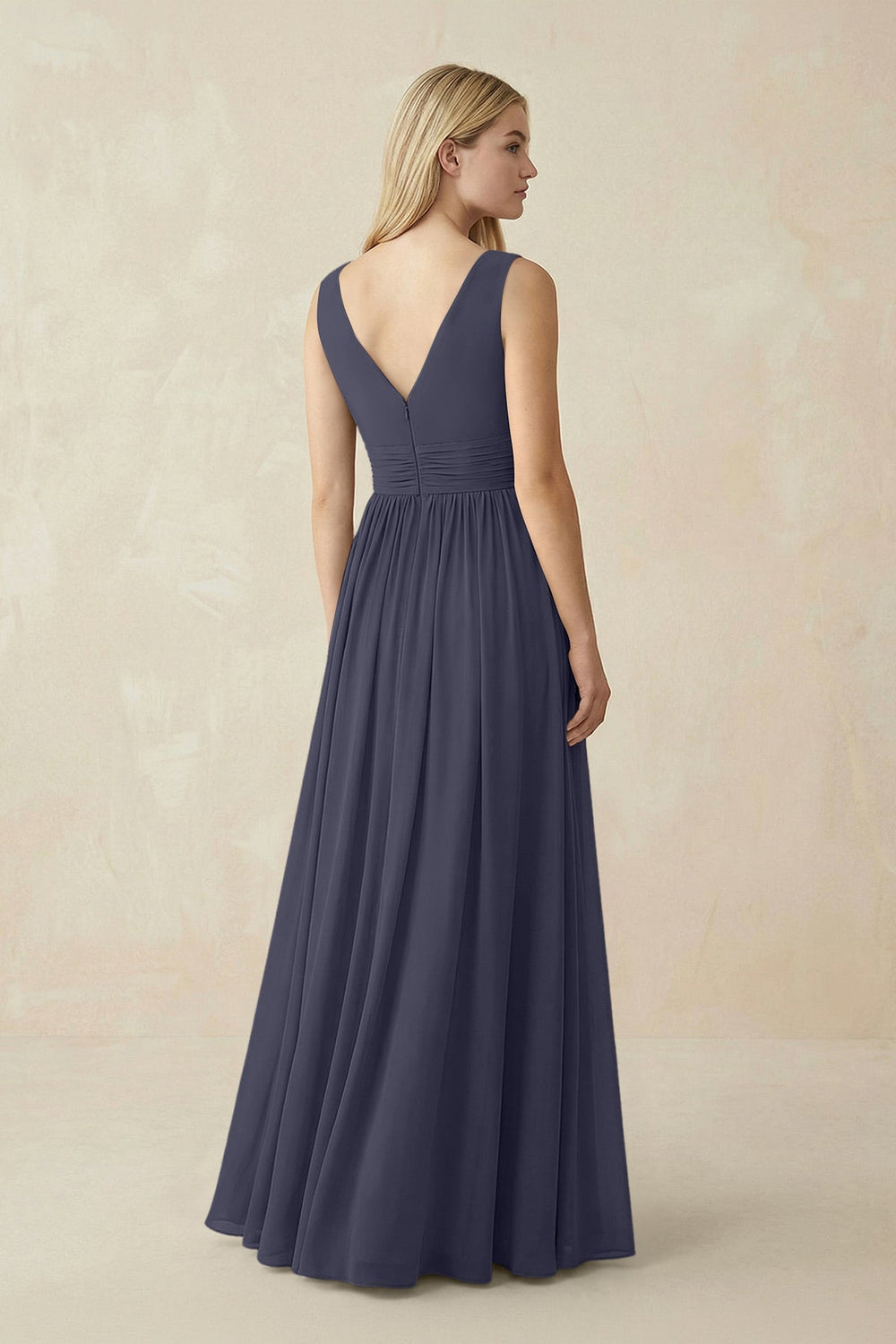 V-Neck Chiffon Pleated A-Line Bridesmaid Dress in Dusk Blue - KISS BRIDAL BRIDESMAID DRESSES