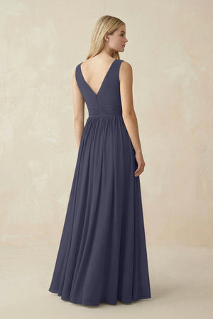 V-Neck Chiffon Pleated A-Line Bridesmaid Dress in Dusk Blue - SHE IS ME BRIDESMAID DRESSES