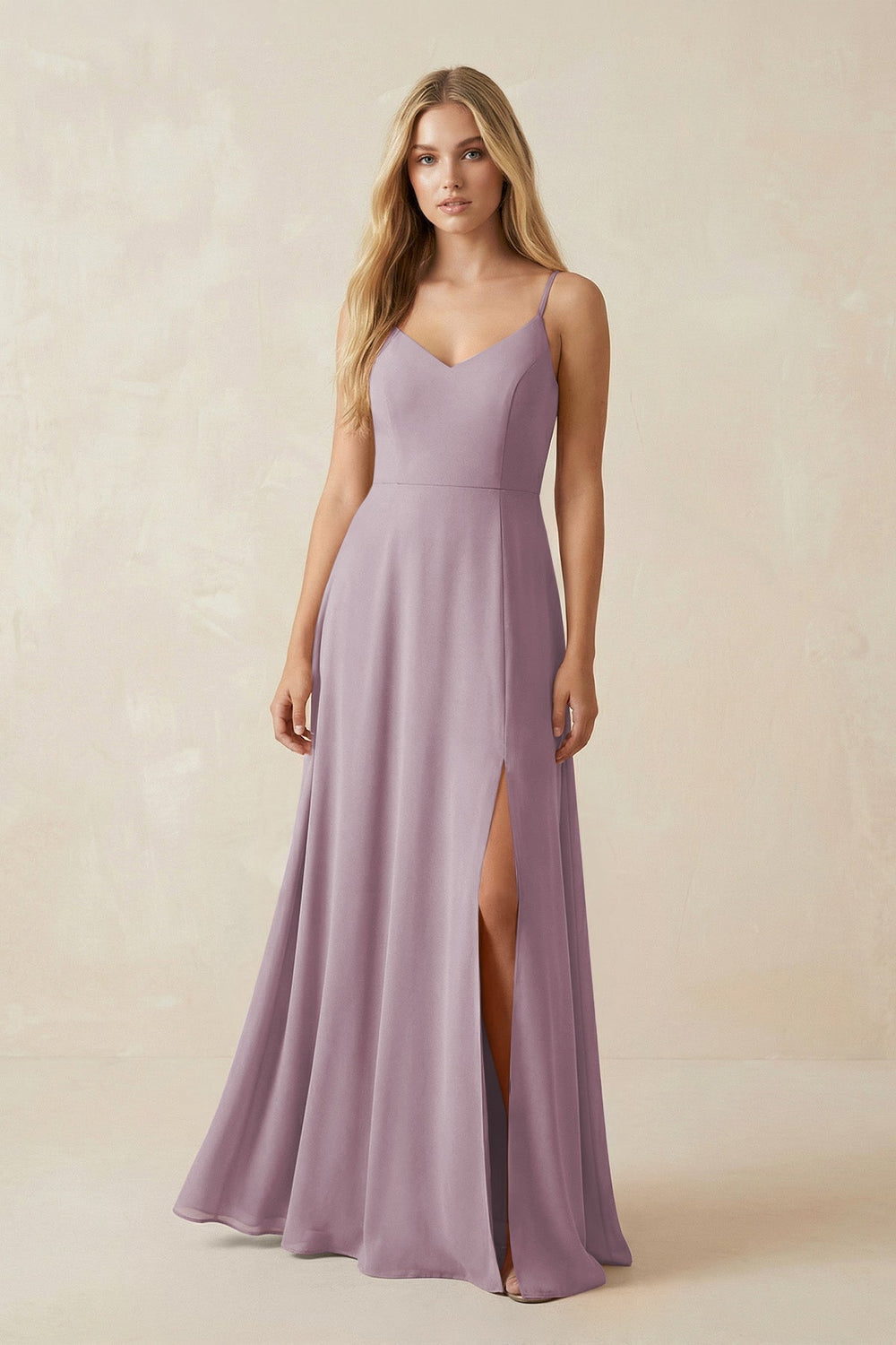 Cami Strap A-Line Chiffon Bridesmaid Dress with Slit in Dusk - KISS BRIDAL BRIDESMAID DRESSES