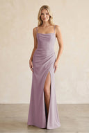 Cami Strap Chiffon Sheath Bridesmaid Dress with Slit in Dusk - SHE IS ME BRIDESMAID DRESSES