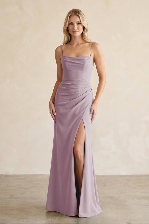 Cami Strap Chiffon Sheath Bridesmaid Dress with Slit in Dusk - SHE IS ME BRIDESMAID DRESSES