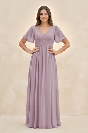 Short Sleeve Chiffon V-Neck A-Line Bridesmaid Dress in Dusk - SHE IS ME BRIDESMAID DRESSES