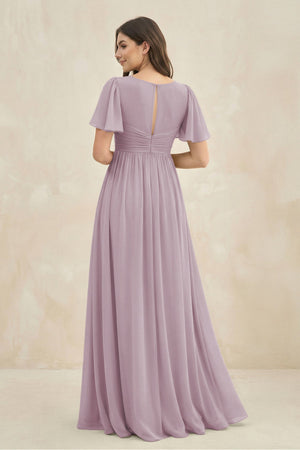 Short Sleeve Chiffon V-Neck A-Line Bridesmaid Dress in Dusk - SHE IS ME BRIDESMAID DRESSES